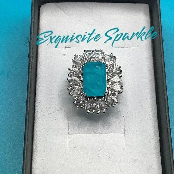 Gorgeous Vintage-Inspired Simulated Paraiba Tourmaline & CZ Halo Statement Ring